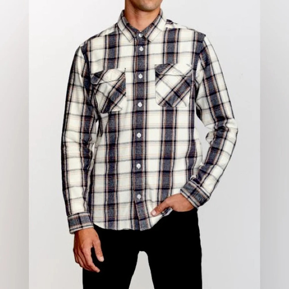 RVCA That’ll Work Flannel Oversized Long Sleeve Shirt in Blue and White Size S - Picture 1 of 15